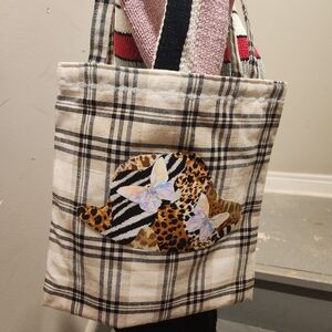 Handmade Plaid Tote Bag With Hand-Cut Appliquè And Butterflies